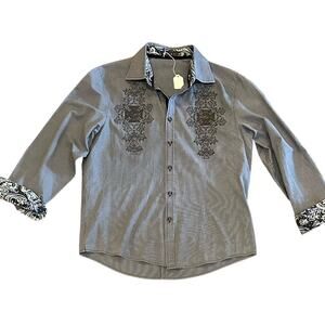 Toku Men’s Long Sleeve Dress Shirt With Embroidered Design Contrast Trim XL